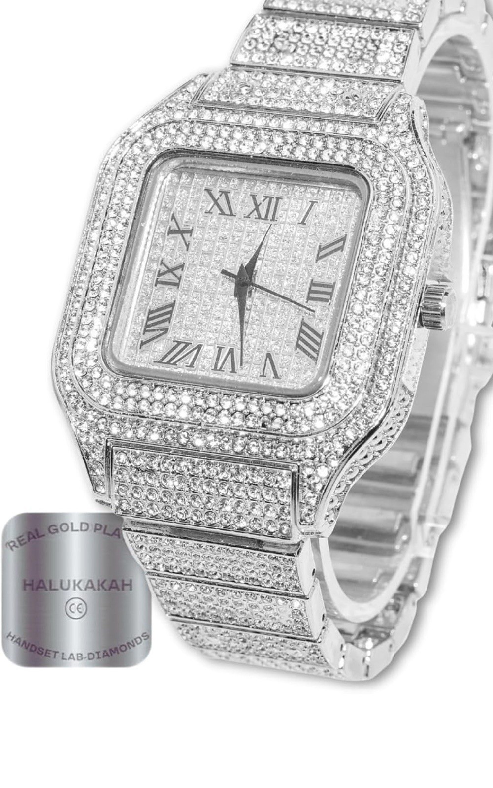 Halukakah The King Diamond Watch Gold Plated Lab-Diamonds Luxury Square Analog