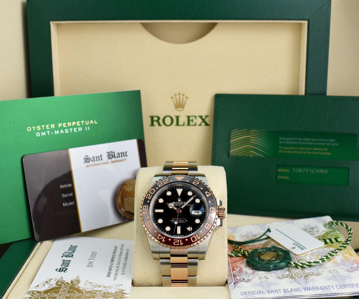 ROLEX – Rose Gold & SS GMT Master II ROOT BEER w/ CARD 126711 CHNR SANT BLANC