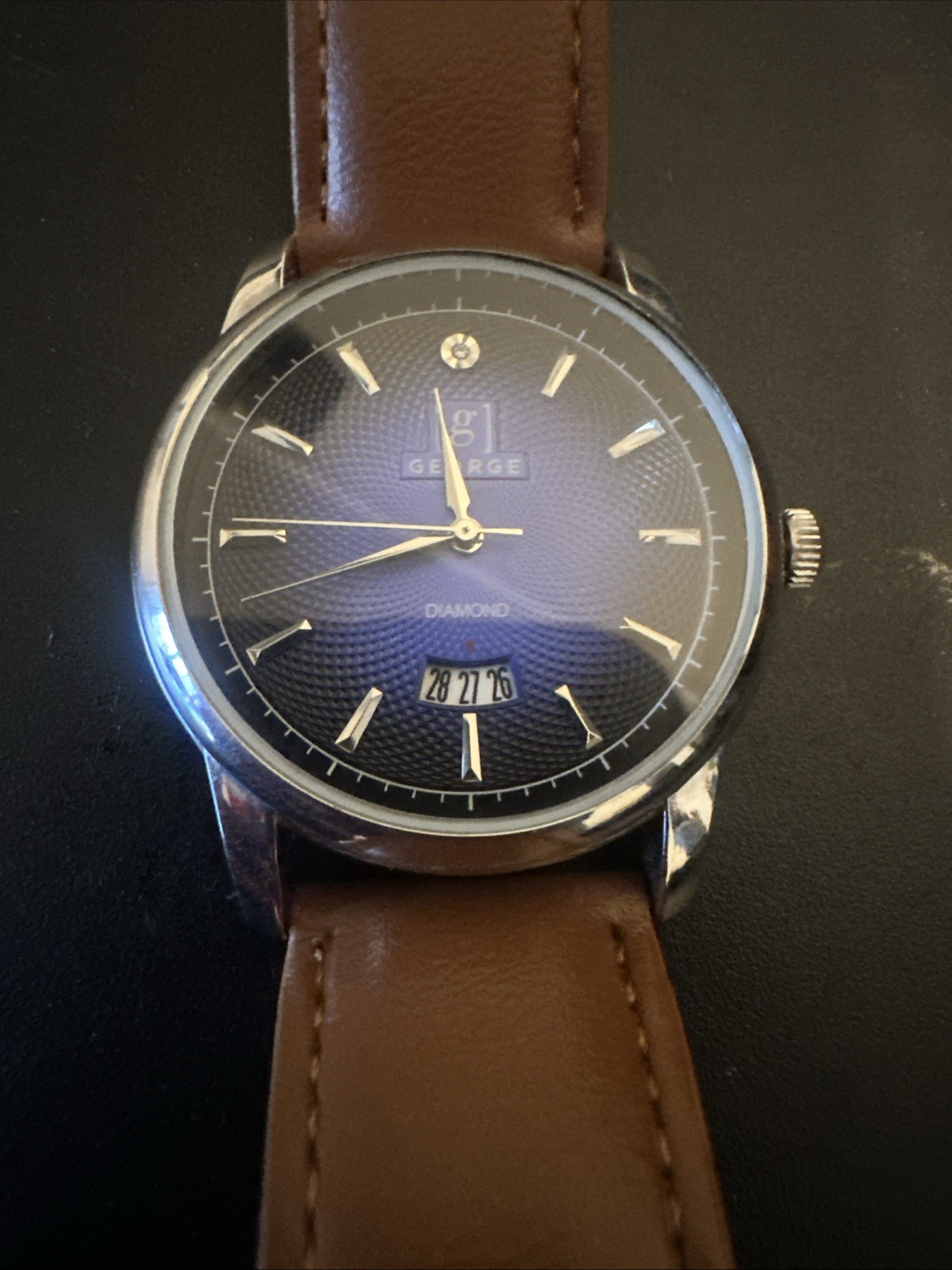 George Diamond Men’s Quartz Wristwatch Blue Dial Date Brown Leather Strap 40mm